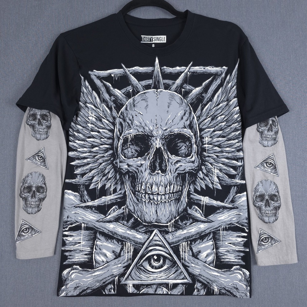 Thirty Single Two Layer Y2K Shirt Mens Small Black Skull AOP Illuminati‎ Grunge